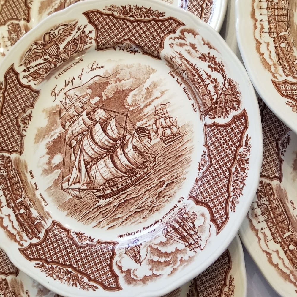 ❗Vintage Staffordshire Brown and White Ship Dinner Plate Set of 6❗